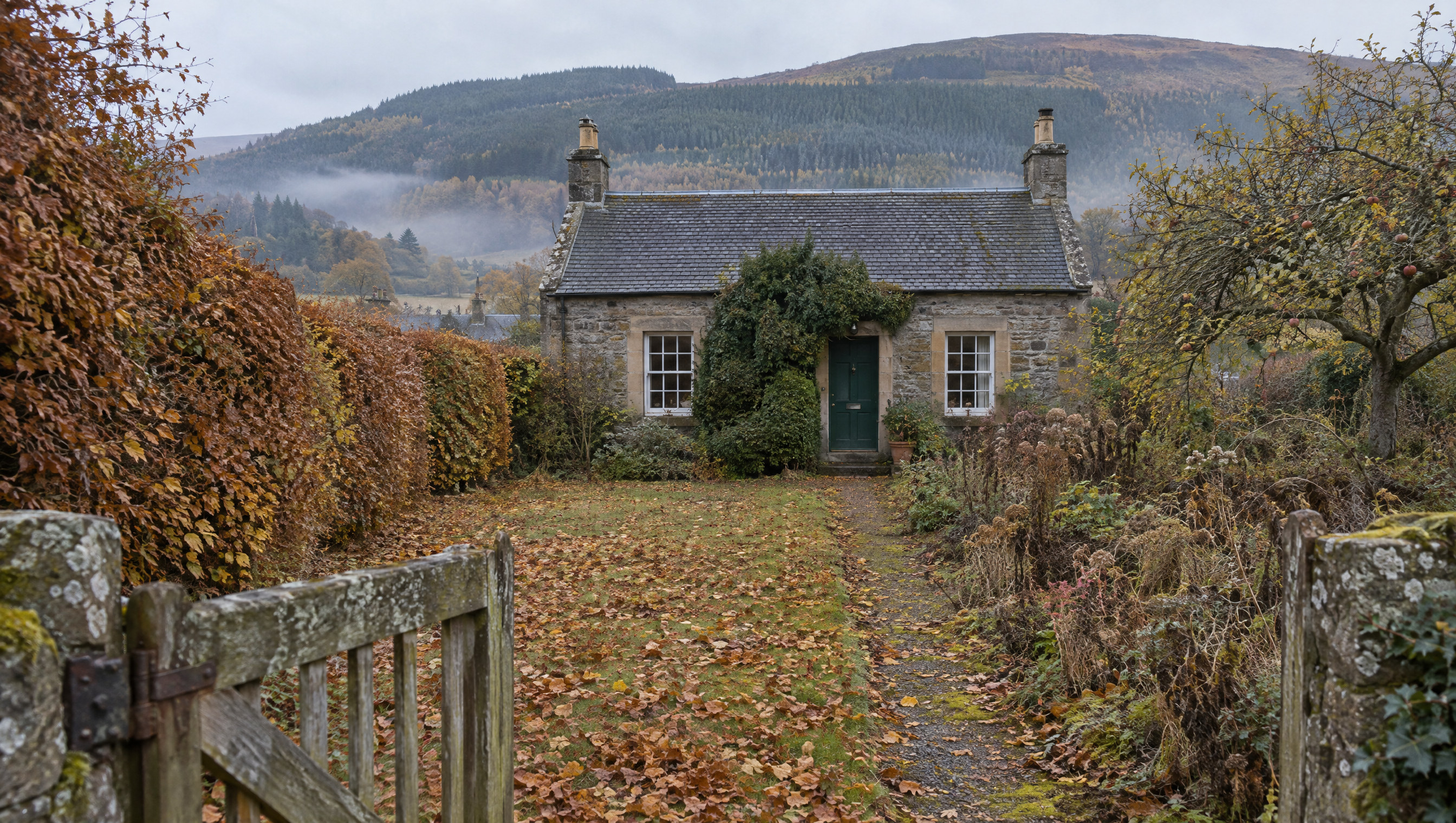 An overgrown cottage garden in autumn: leaves on the lawn, a shaggy beech hedge and collapsed borders