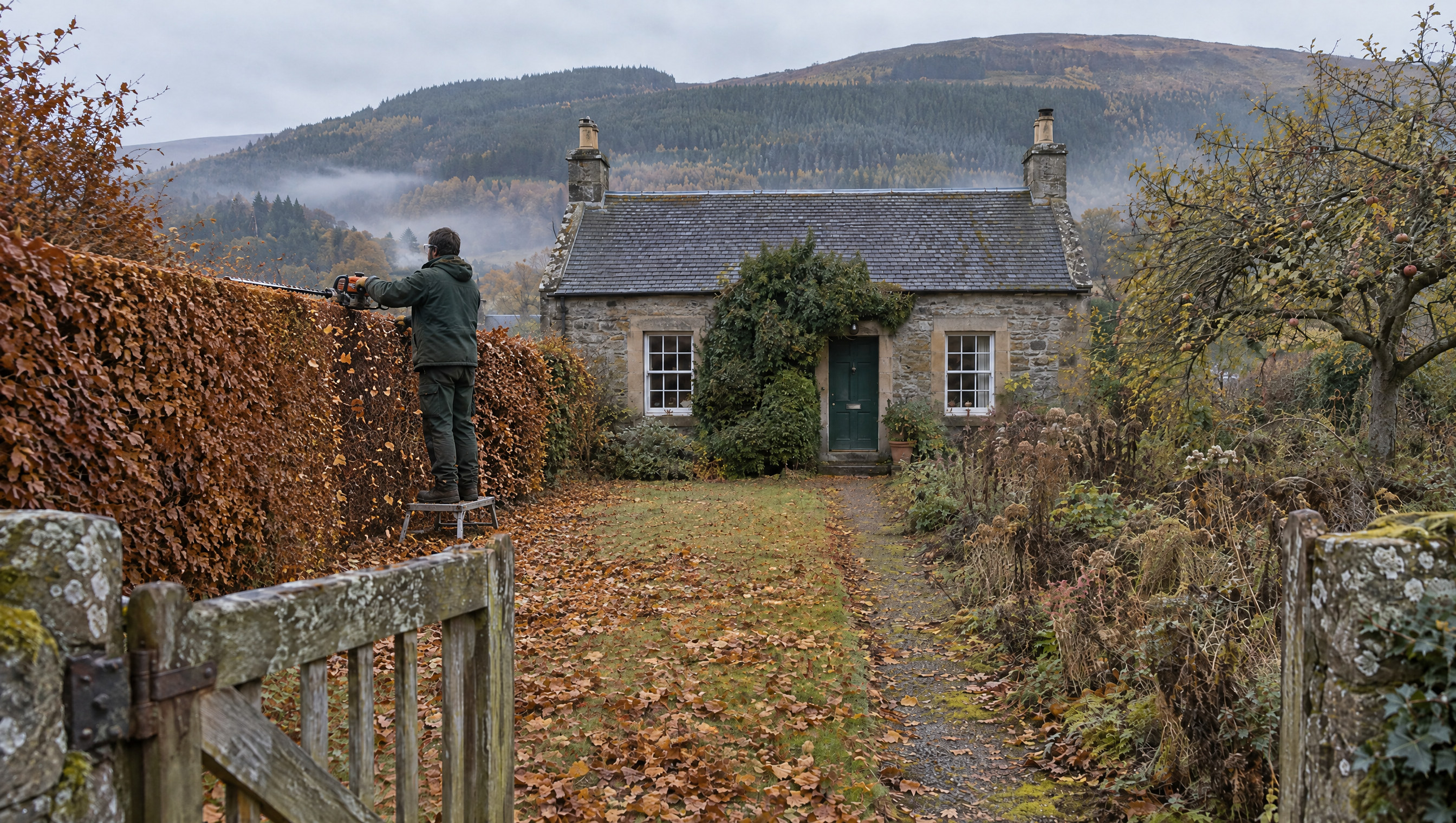 A gardener cutting the top of a tall copper beech hedge flat on a misty morning