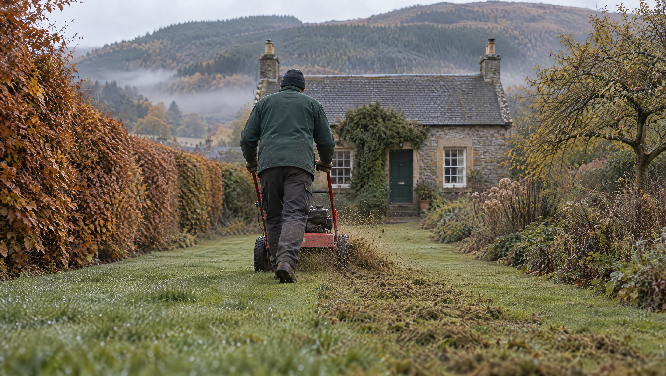 A gardener scarifying a lawn, dead moss and thatch spraying out behind the machine