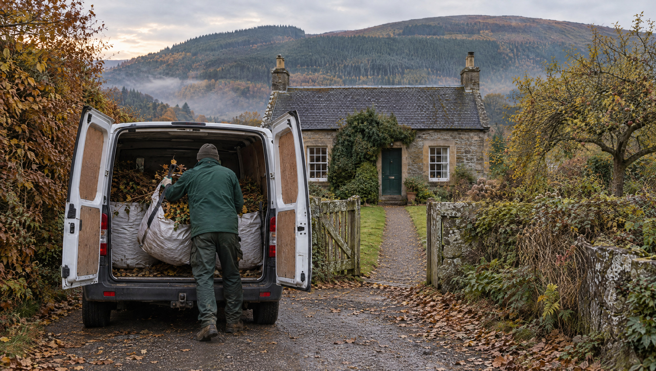 A gardener loading a bulk bag of leaves and clippings into the back of a white van