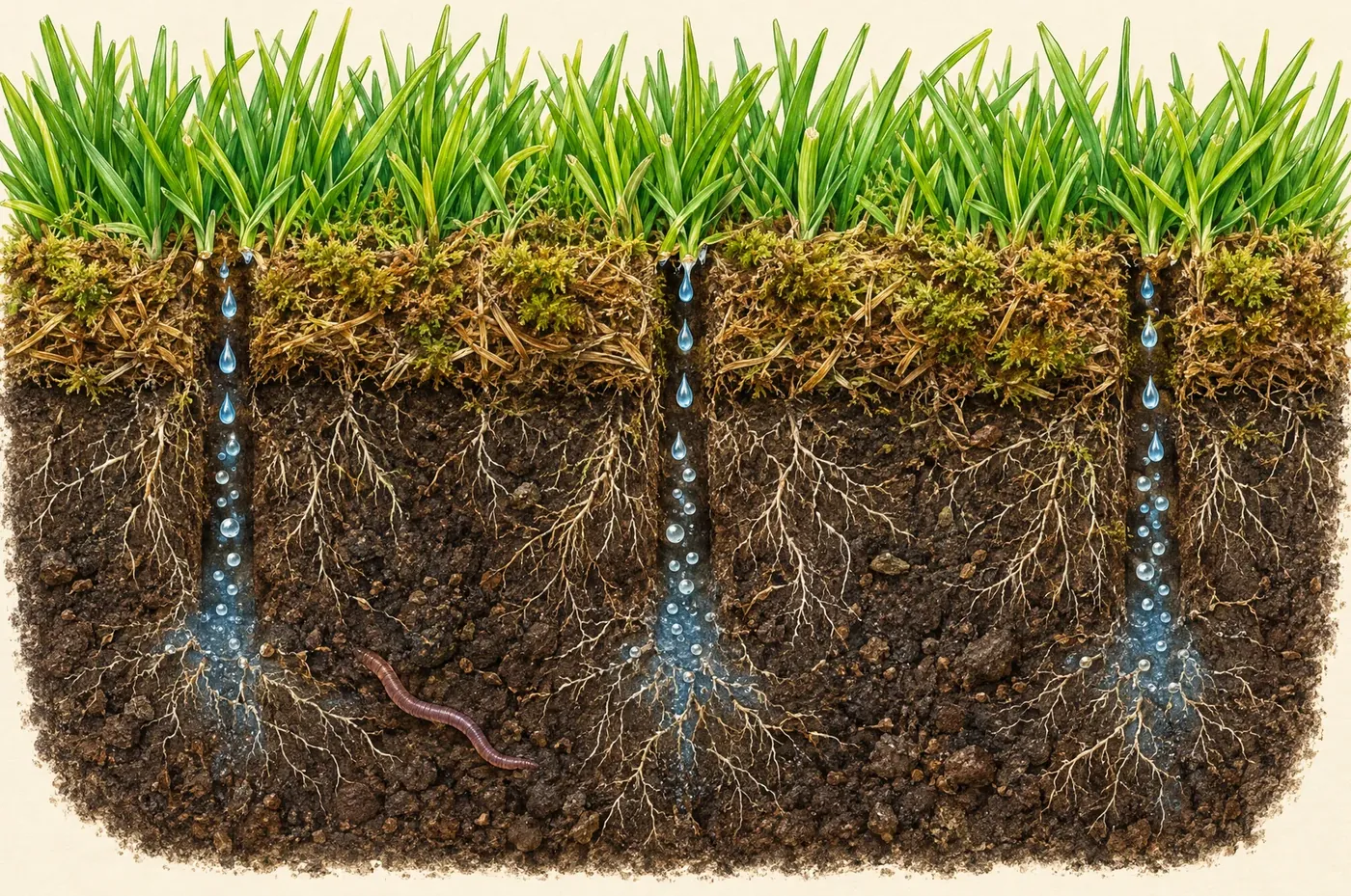 A cross-section of a lawn: grass on top, a spongy layer of moss and thatch, compacted soil and roots below, with aeration holes letting water down to the roots